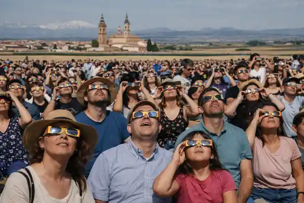 Multitud con gafas de eclipse observando un eclipse solar en España con el paisaje de una iglesia al fondo.