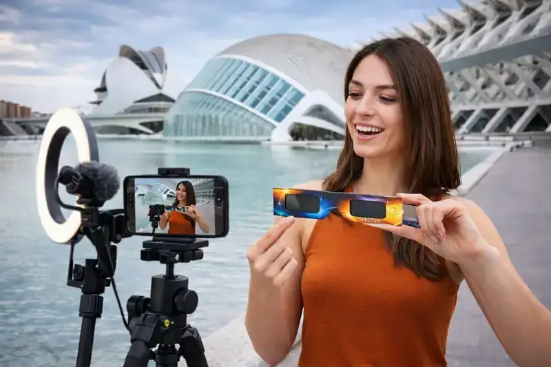 Influencer grabando contenido sobre las gafas de eclipse solar Spectrum en la Ciudad de las Artes y las Ciencias de Valencia con un smartphone, trípode y anillo de luz.
