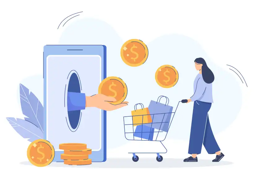 Ilustración de compras online que muestra a clientes comprando rápidamente, representando las altas tasas de conversión para los afiliados de gafas de eclipse Spectrum.